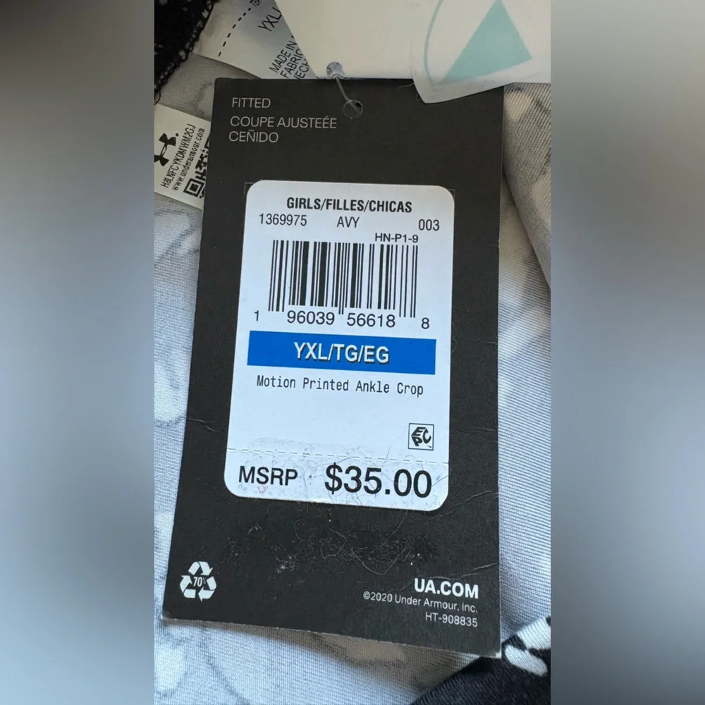 Girls Under Armour Black White Leggings YXL Motion Printed Ankle Cropped - Picture 7 of 8